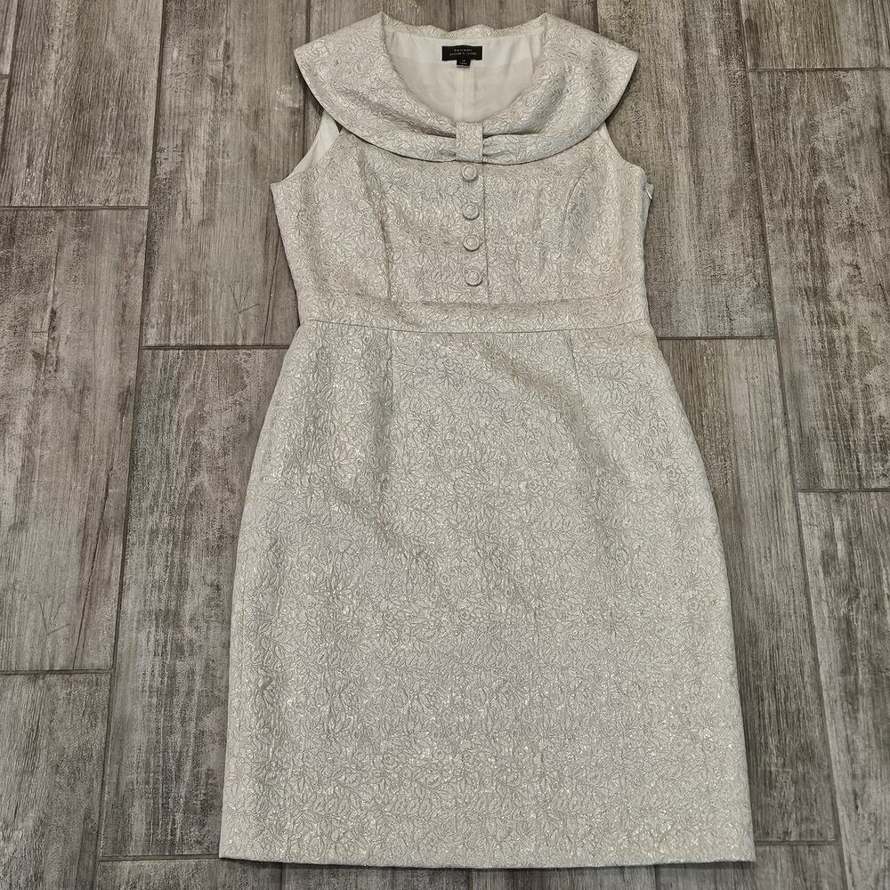 Tahari Silver Brocade Sheath Dress with Statement Collar